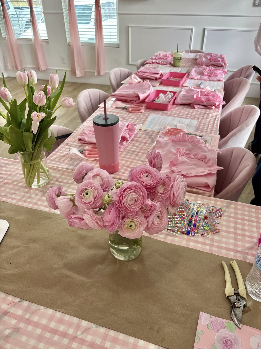 Pink tulips set out for a flower workshop